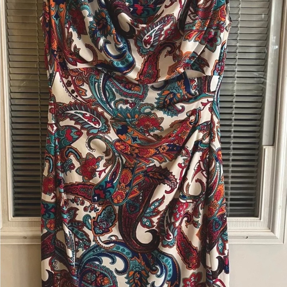 Ralph Lauren Paisley Print Cowl Neck Dress in Cream, Teal, Red & Navy